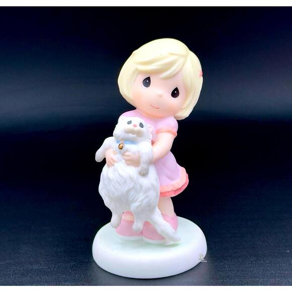 Sweet Girl Hugging Fluffy Cat Figurine – Pastel Collectible Adorable Gift Decor